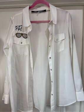 Karl Lagerfeld White Long Sleeve Button-Front Patch Shirt size large